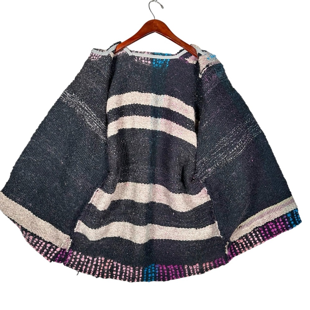 VINTAGE Boxy Open Front Woven Wool Saori Kimono Woven Poncho - Picture 9 of 10